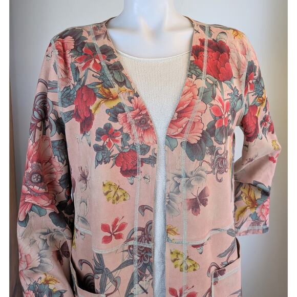 Solitaire Duster Jacket Medium Pink Floral Faux Suede Open Front Pockets Boho - Picture 4 of 12